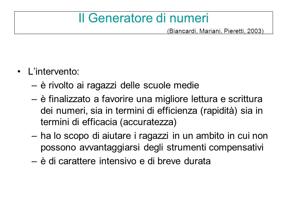 Il Generatore di numeri (Biancardi, Mariani, Pieretti, 2003)