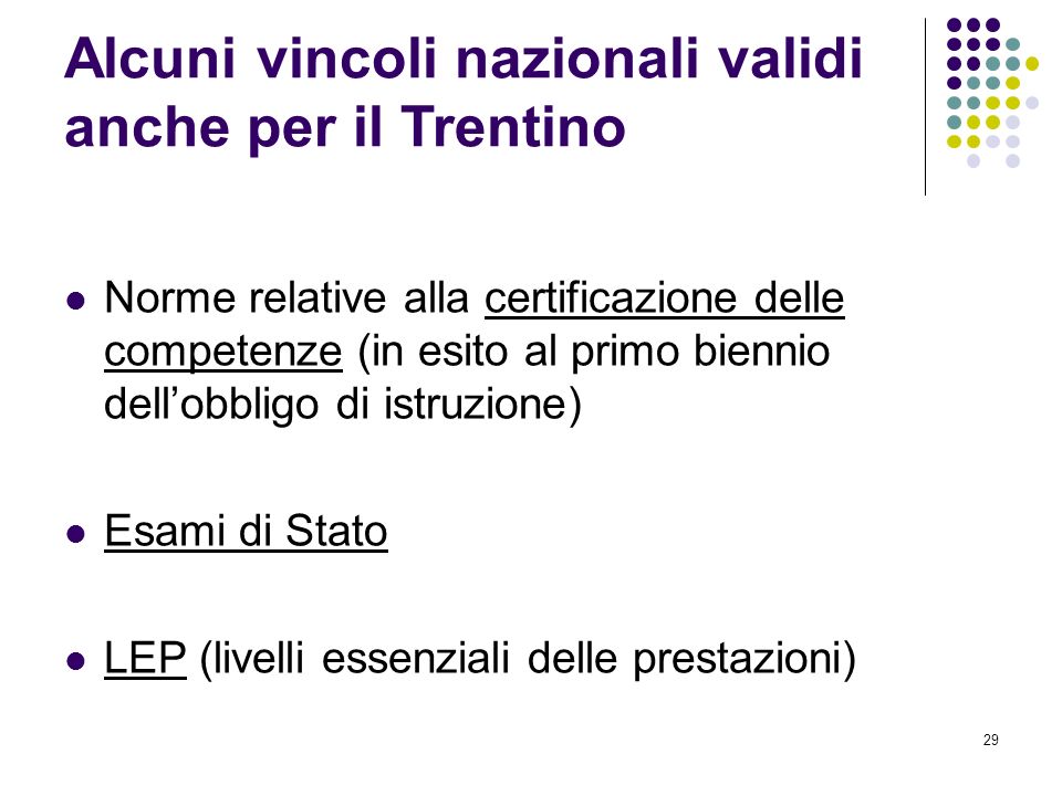 Alcuni vincoli nazionali validi anche per il Trentino