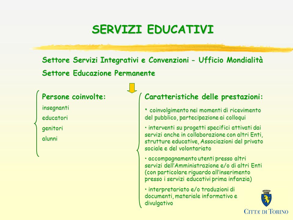 SERVIZI EDUCATIVI Settore Servizi Integrativi e Convenzioni - Ufficio Mondialità. Settore Educazione Permanente.