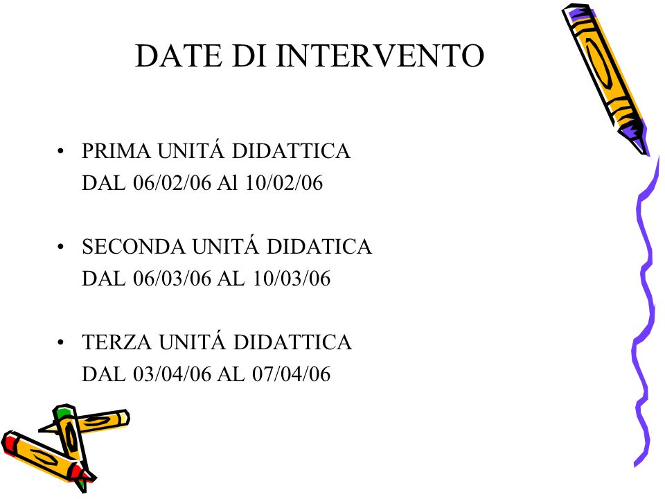 DATE DI INTERVENTO PRIMA UNITÁ DIDATTICA DAL 06/02/06 Al 10/02/06