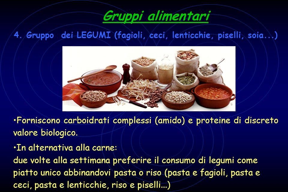 4. Gruppo dei LEGUMI (fagioli, ceci, lenticchie, piselli, soia...)