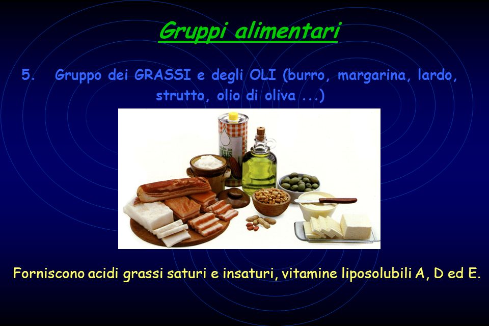 Gruppi alimentari 5. Gruppo dei GRASSI e degli OLI (burro, margarina, lardo, strutto, olio di oliva ...)