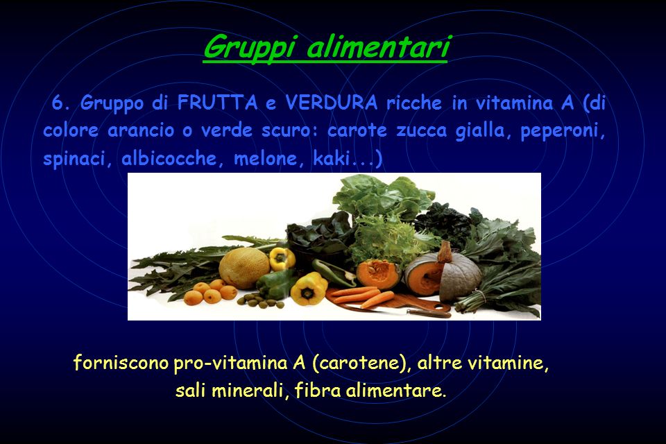 6. Gruppo di FRUTTA e VERDURA ricche in vitamina A (di colore arancio o verde scuro: carote zucca gialla, peperoni, spinaci, albicocche, melone, kaki...)