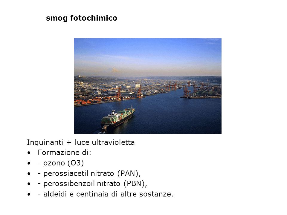 smog fotochimico Inquinanti + luce ultravioletta. Formazione di: - ozono (O3) - perossiacetil nitrato (PAN),