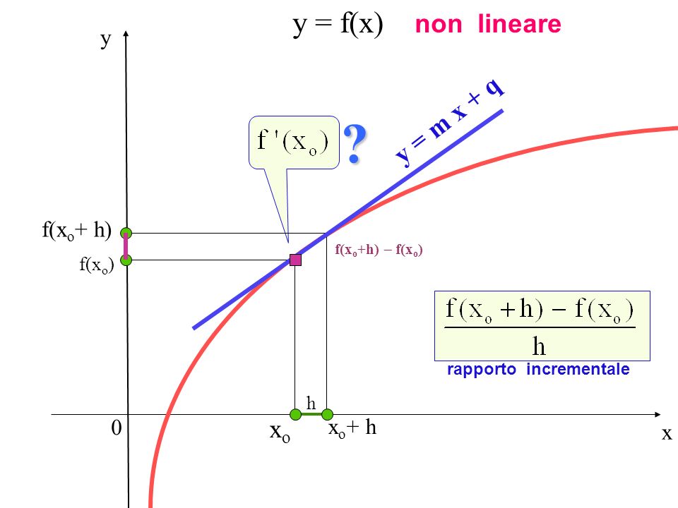 y = f(x) non lineare y = m x + q xo y f(xo+ h) xo+ h x f(xo) h