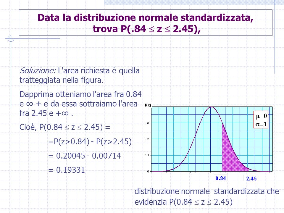 Data la distribuzione normale standardizzata, trova P(.84  z  2.45),