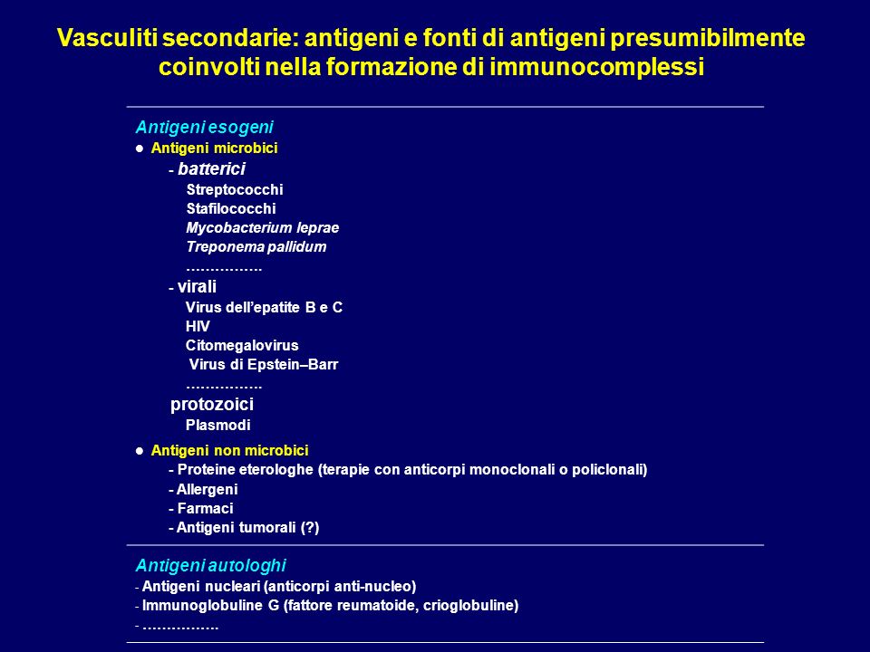 Vasculiti secondarie: antigeni e fonti di antigeni presumibilmente coinvolti nella formazione di immunocomplessi