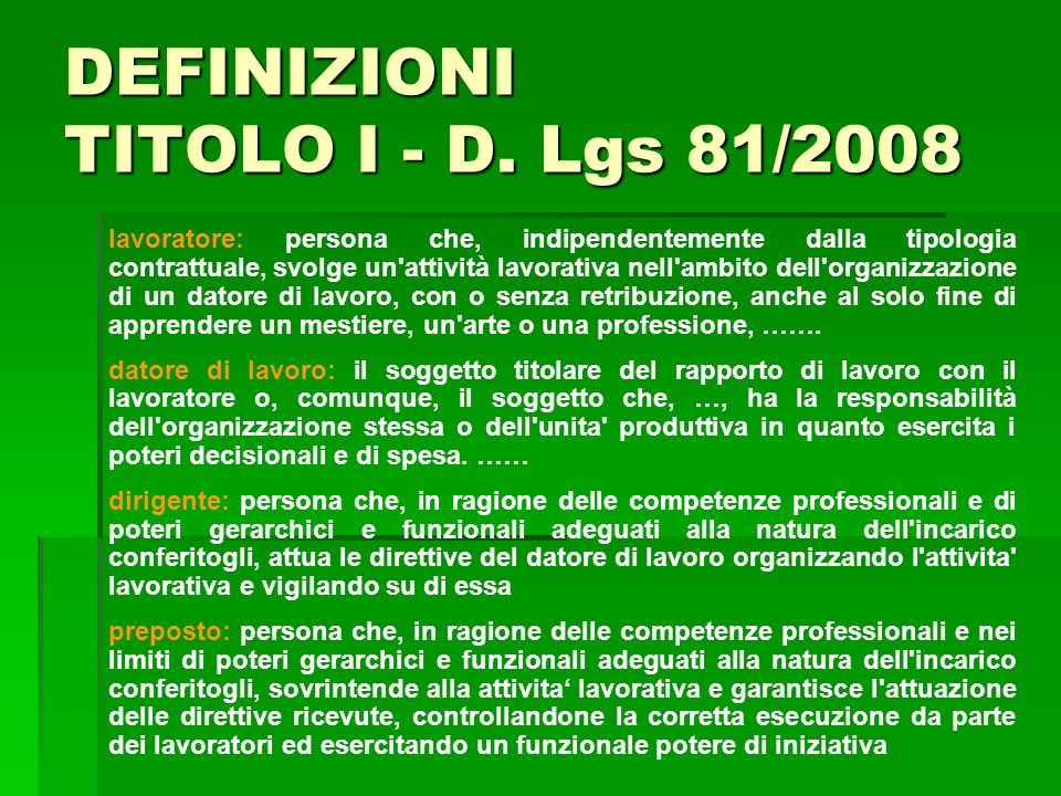 DEFINIZIONI TITOLO I - D. Lgs 81/2008