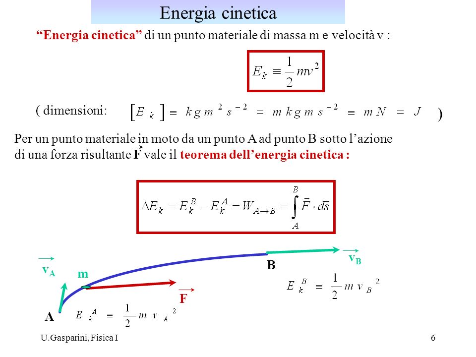 Energia cinetica Energia cinetica di un punto materiale di massa m e velocità v : ( dimensioni: )