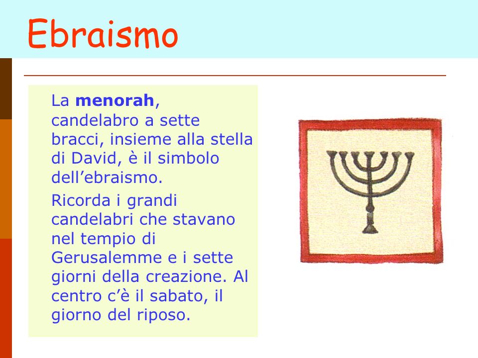 Ebraismo La menorah, candelabro a sette bracci, insieme alla stella di David, è il simbolo dell’ebraismo.