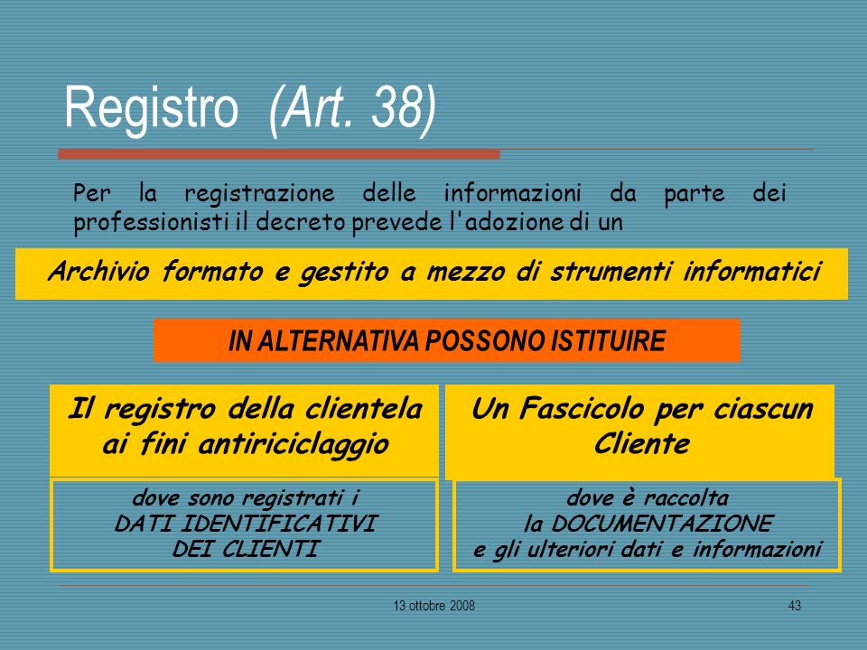 Registro (Art. 38) IN ALTERNATIVA POSSONO ISTITUIRE