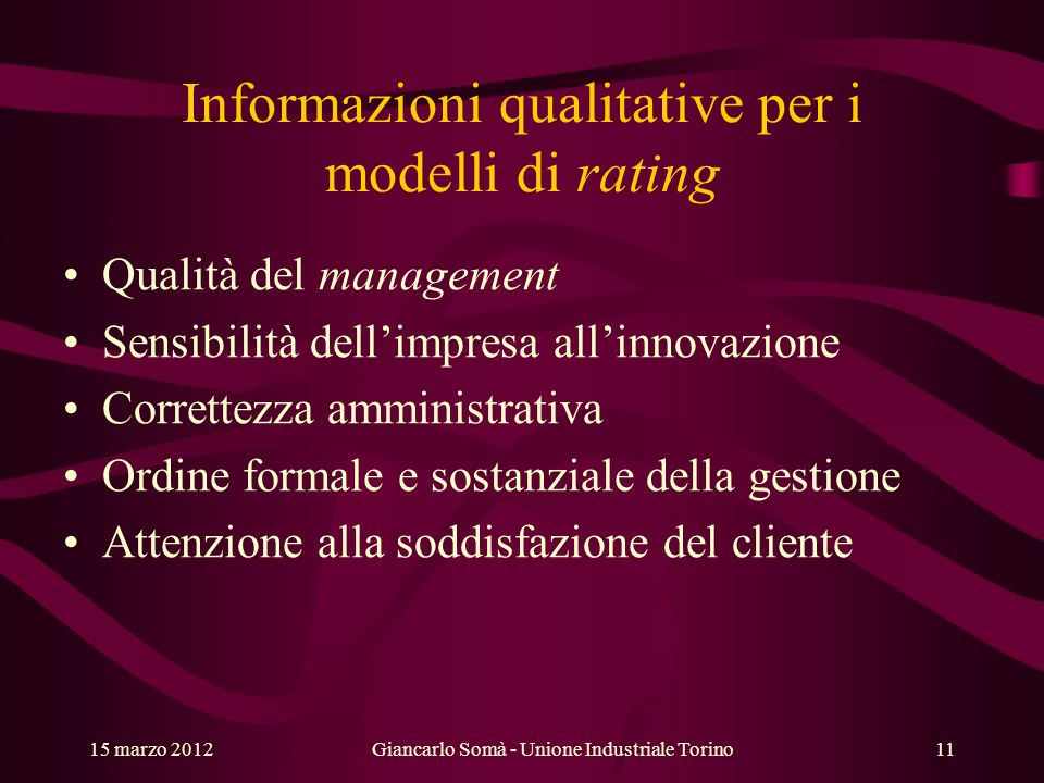 Informazioni qualitative per i modelli di rating