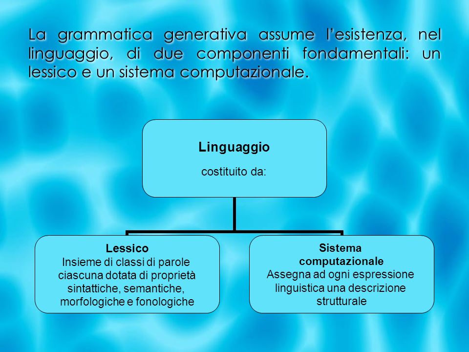 La grammatica generativa assume l’esistenza, nel linguaggio, di due componenti fondamentali: un lessico e un sistema computazionale.