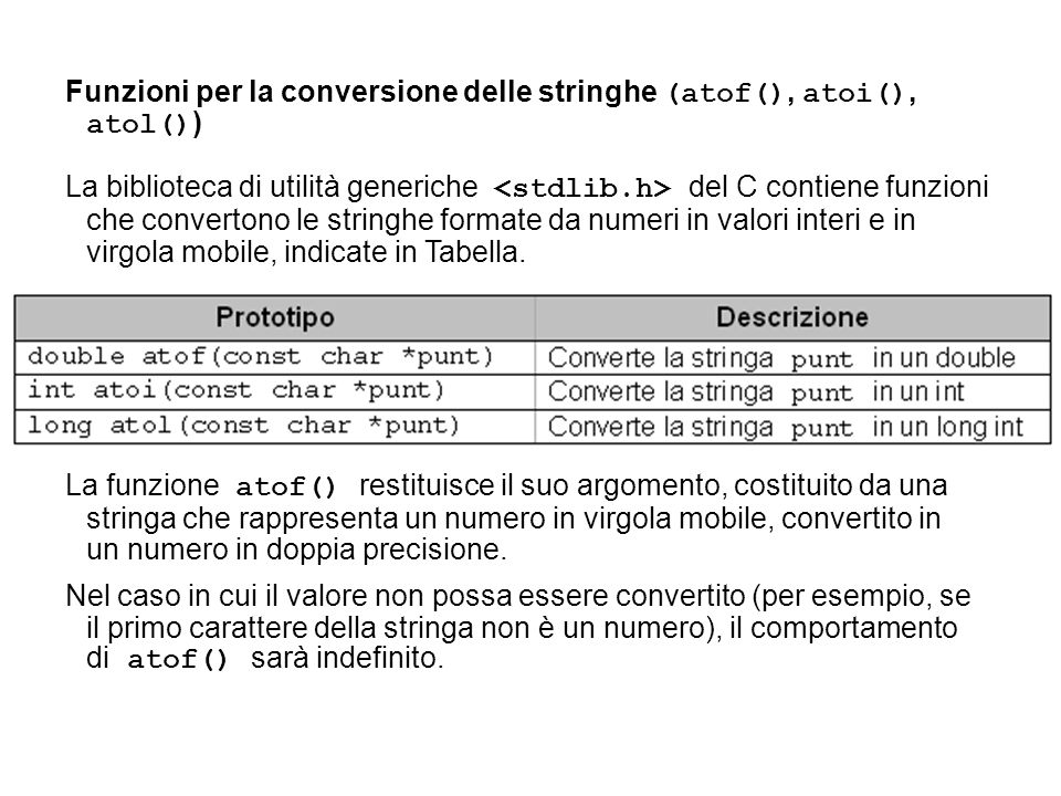 Funzioni per la conversione delle stringhe (atof(), atoi(), atol())