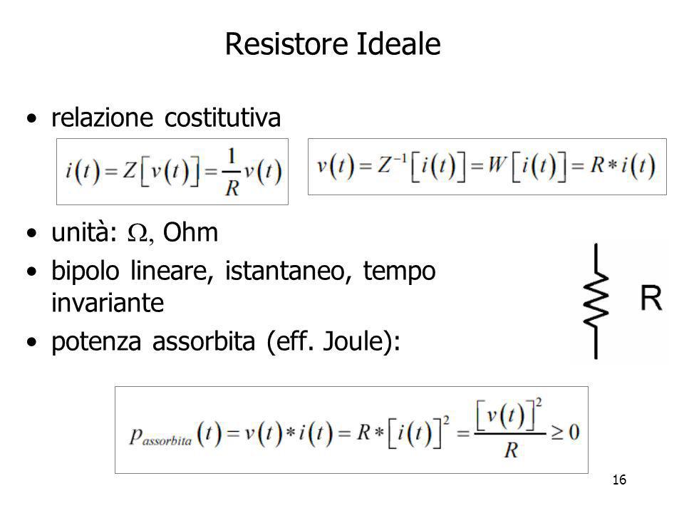 Resistore Ideale relazione costitutiva unità:  Ohm