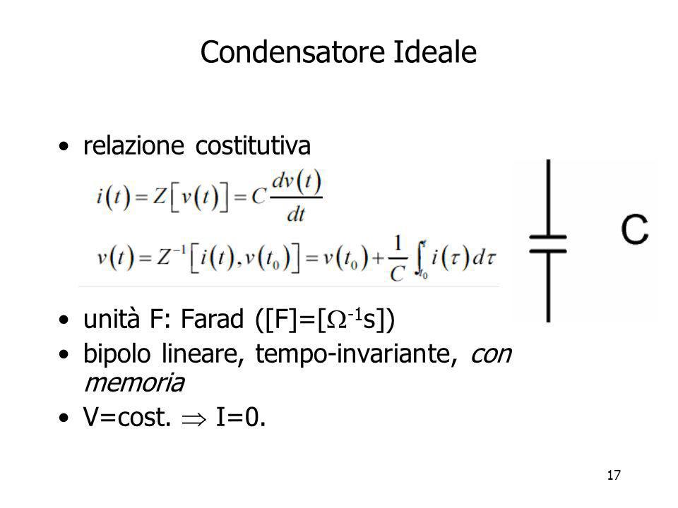 Condensatore Ideale relazione costitutiva unità F: Farad ([F]=[-1s])