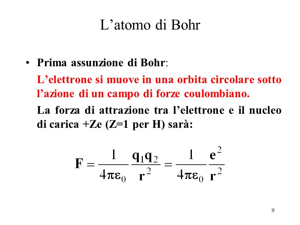 L’atomo di Bohr Prima assunzione di Bohr: