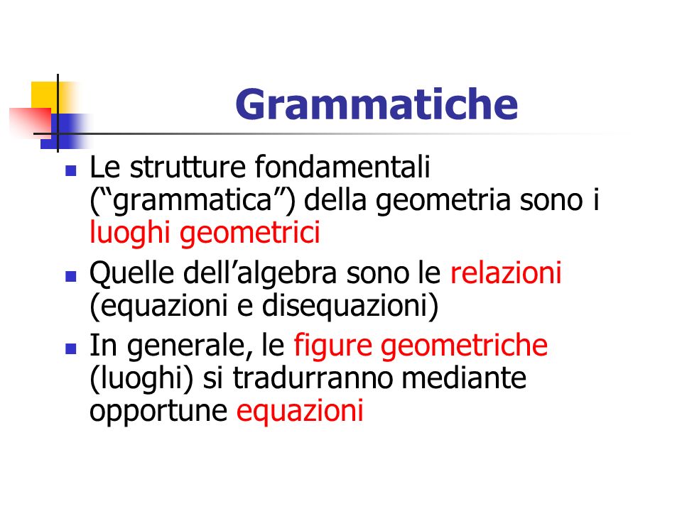 Grammatiche Le strutture fondamentali ( grammatica ) della geometria sono i luoghi geometrici.