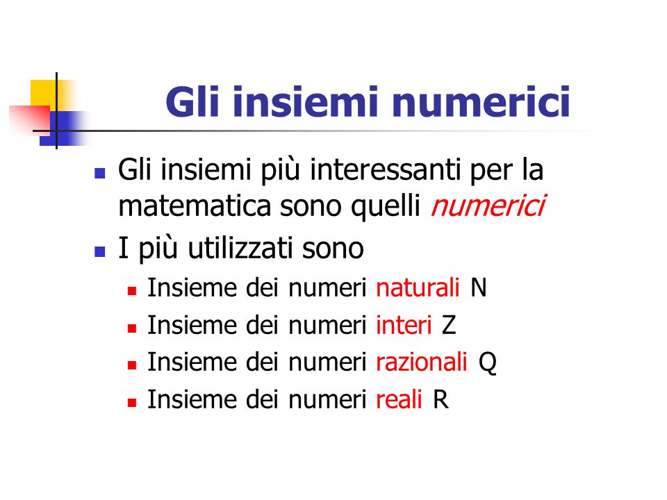 Gli insiemi numerici Gli insiemi più interessanti per la matematica sono quelli numerici. I più utilizzati sono.