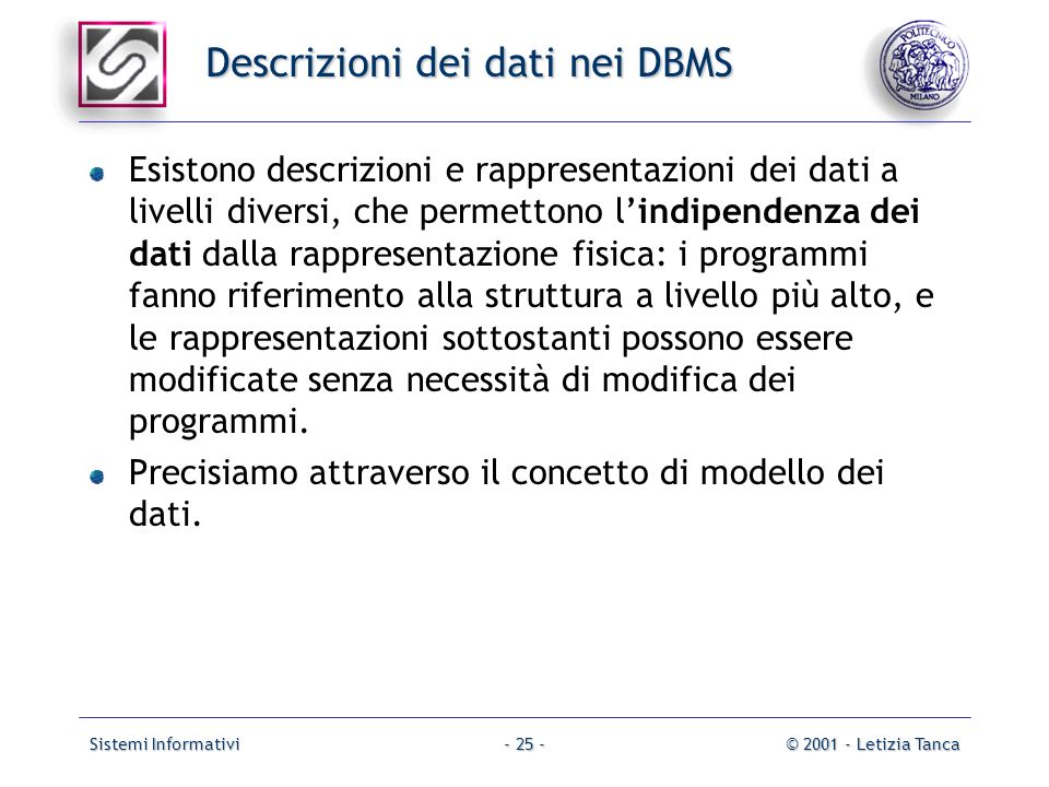Descrizioni dei dati nei DBMS