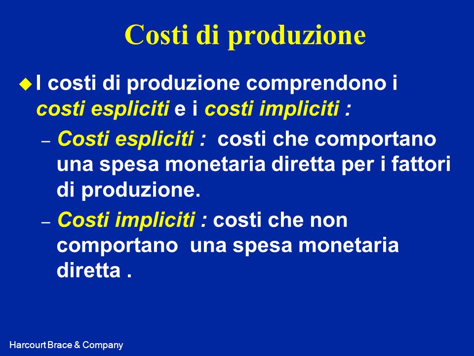 Costi di produzione I costi di produzione comprendono i costi espliciti e i costi impliciti :