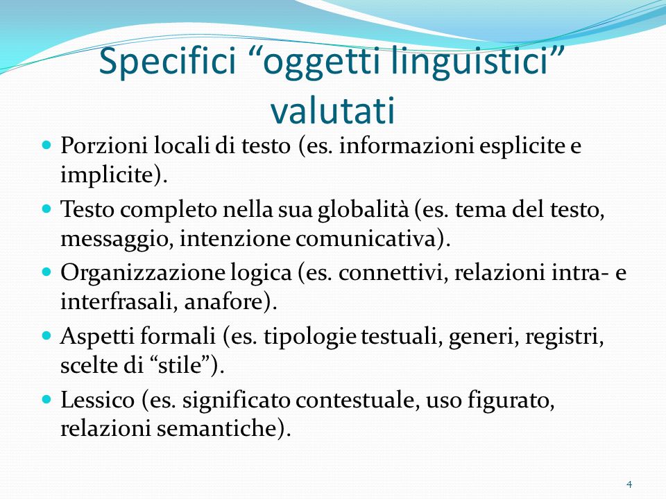 Specifici oggetti linguistici valutati