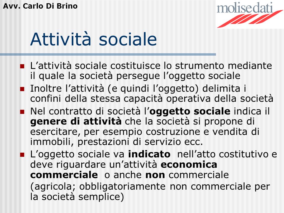 Attività sociale L’attività sociale costituisce lo strumento mediante il quale la società persegue l’oggetto sociale.