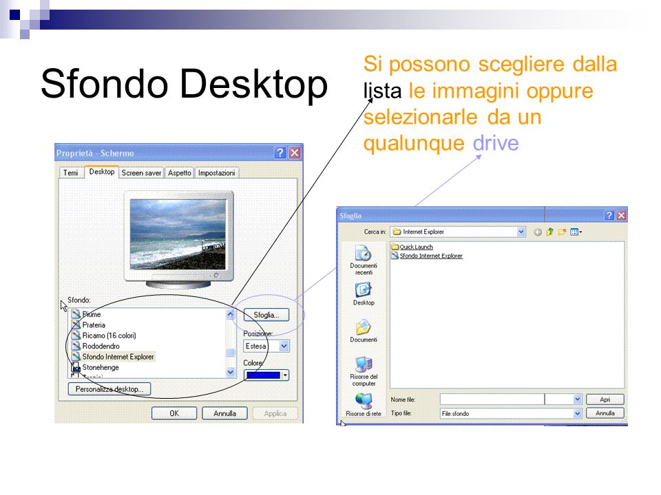 Sfondo Desktop Si possono scegliere dalla lista le immagini oppure selezionarle da un qualunque drive.