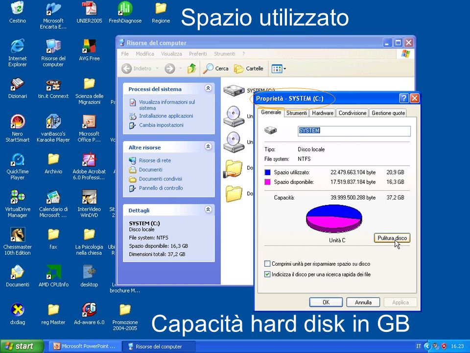 Spazio utilizzato Capacità hard disk in GB