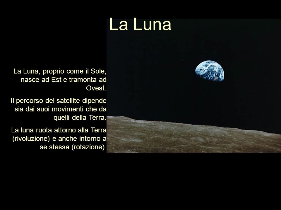 La Luna La Luna, proprio come il Sole, nasce ad Est e tramonta ad Ovest.