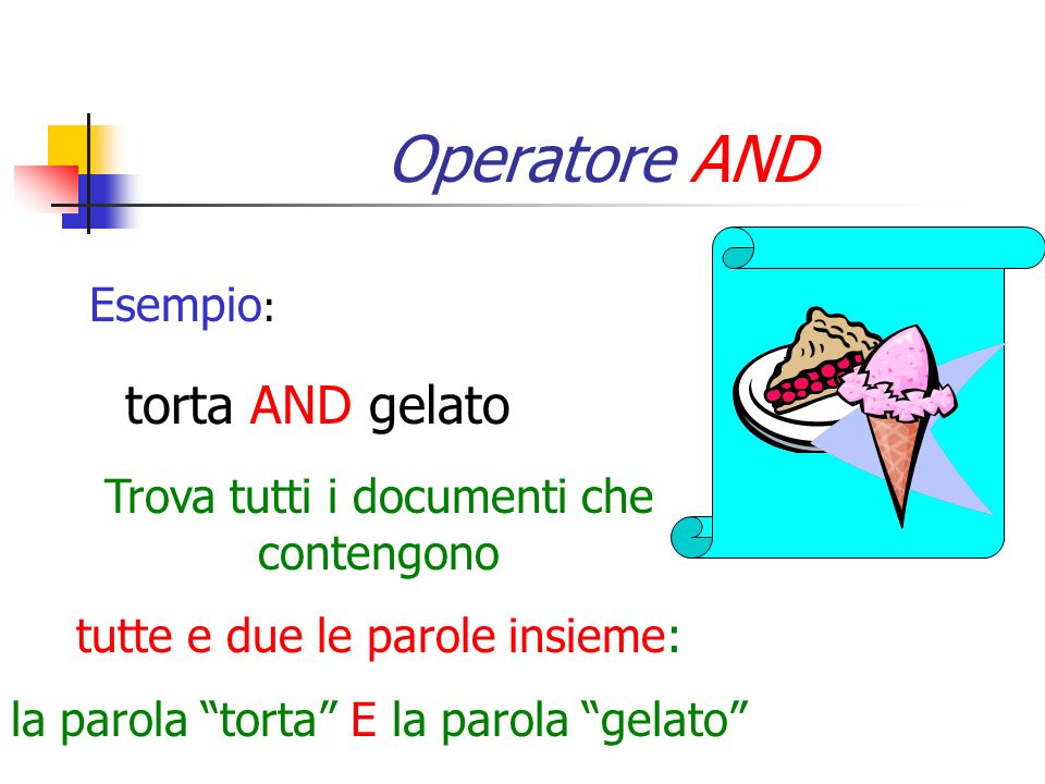 Operatore AND torta AND gelato Esempio: