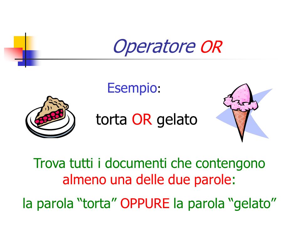 Operatore OR torta OR gelato Esempio: