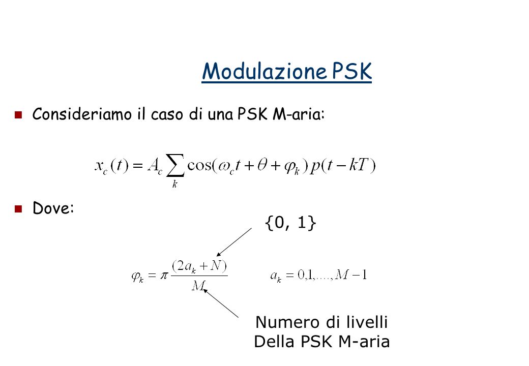 Modulazione PSK Consideriamo il caso di una PSK M-aria: Dove: {0, 1}