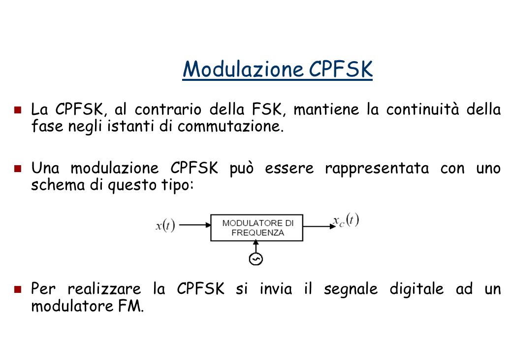 Modulazione CPFSK La CPFSK, al contrario della FSK, mantiene la continuità della fase negli istanti di commutazione.