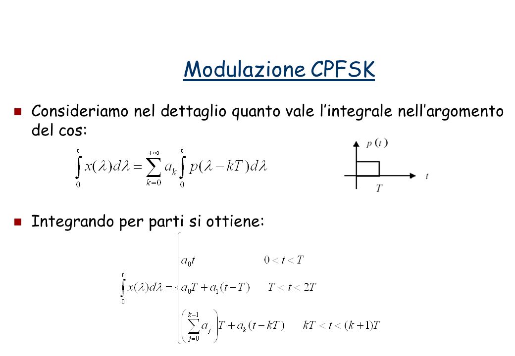 Modulazione CPFSK Consideriamo nel dettaglio quanto vale l’integrale nell’argomento del cos: Integrando per parti si ottiene: