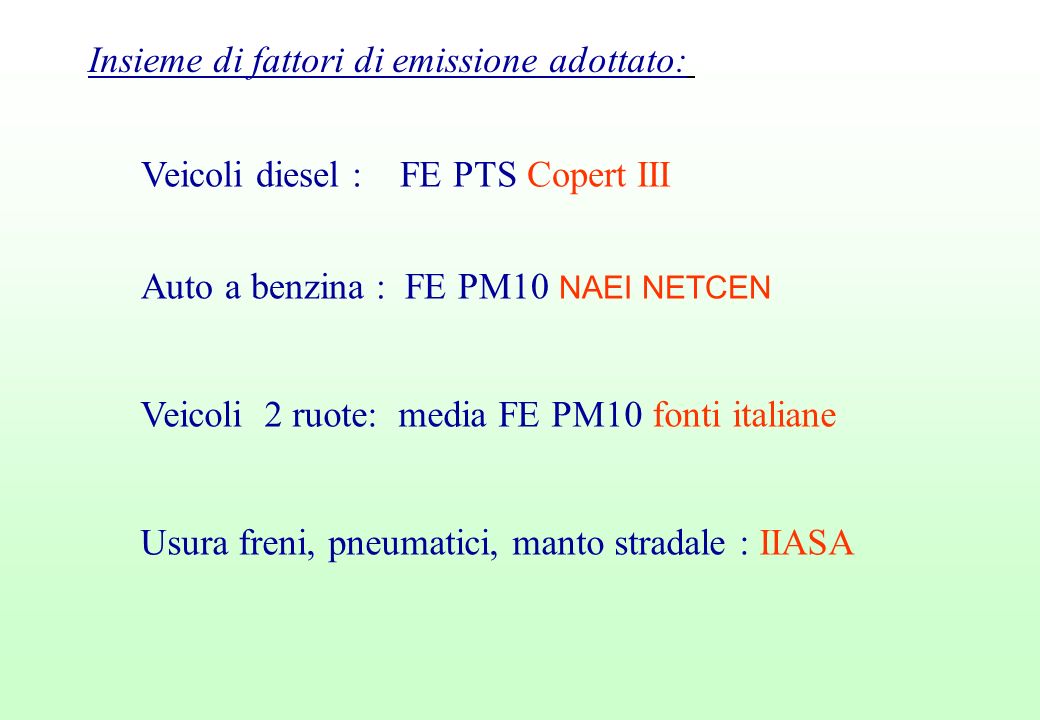 Insieme di fattori di emissione adottato: