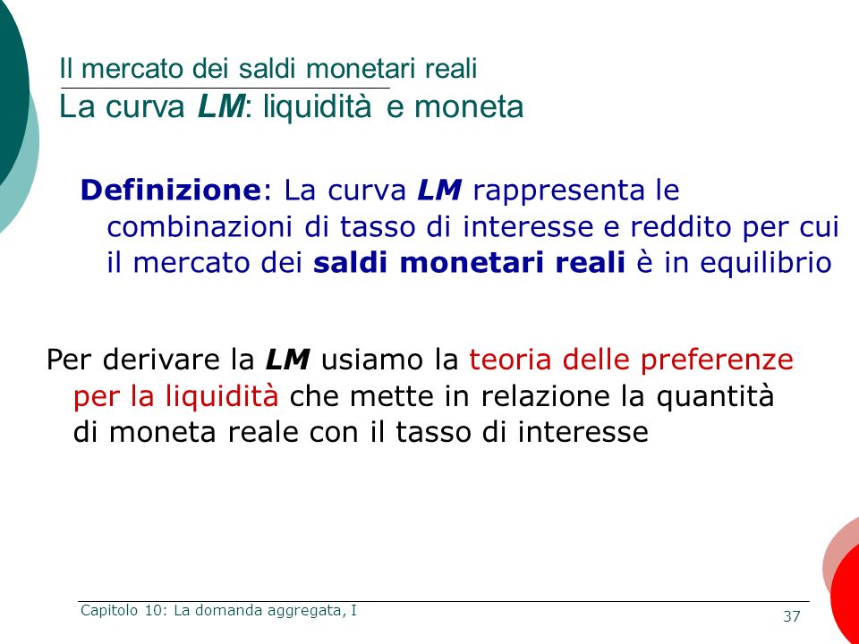 Il mercato dei saldi monetari reali La curva LM: liquidità e moneta