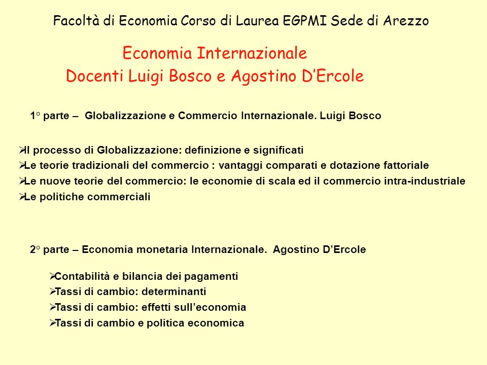 Economia Internazionale Docenti Luigi Bosco e Agostino D’Ercole