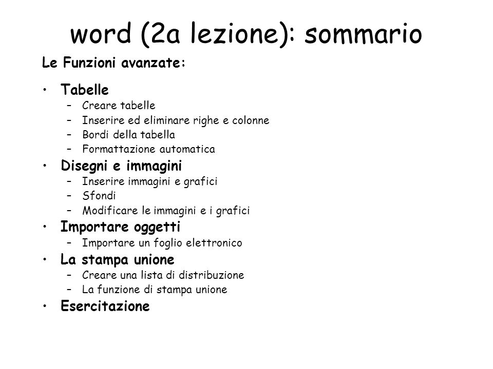 word (2a lezione): sommario