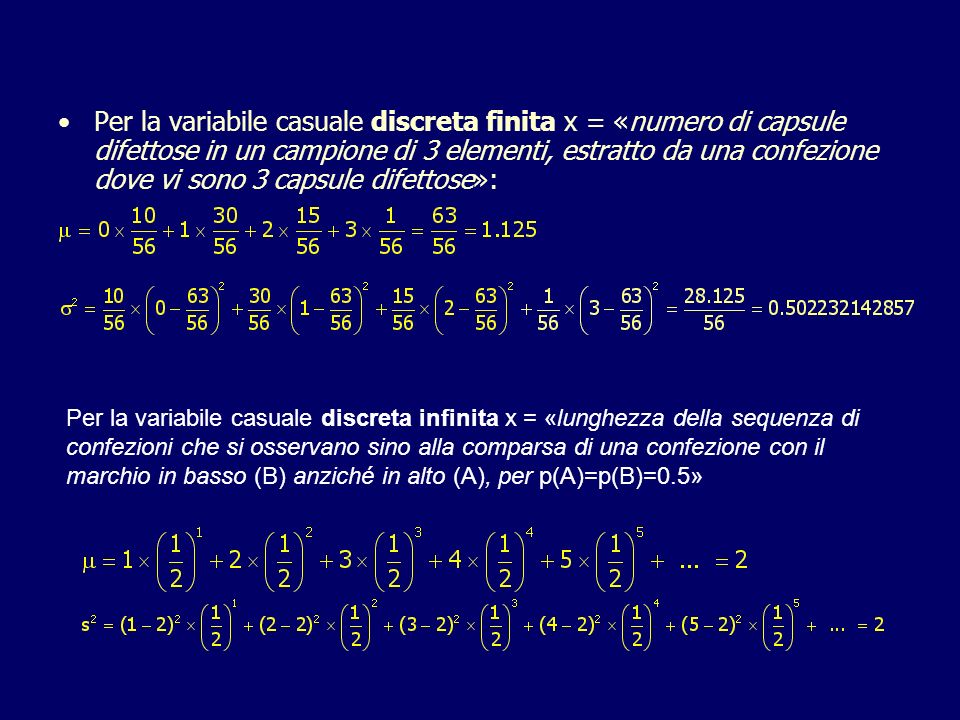 Per la variabile casuale discreta finita x = «numero di capsule difettose in un campione di 3 elementi, estratto da una confezione dove vi sono 3 capsule difettose»:
