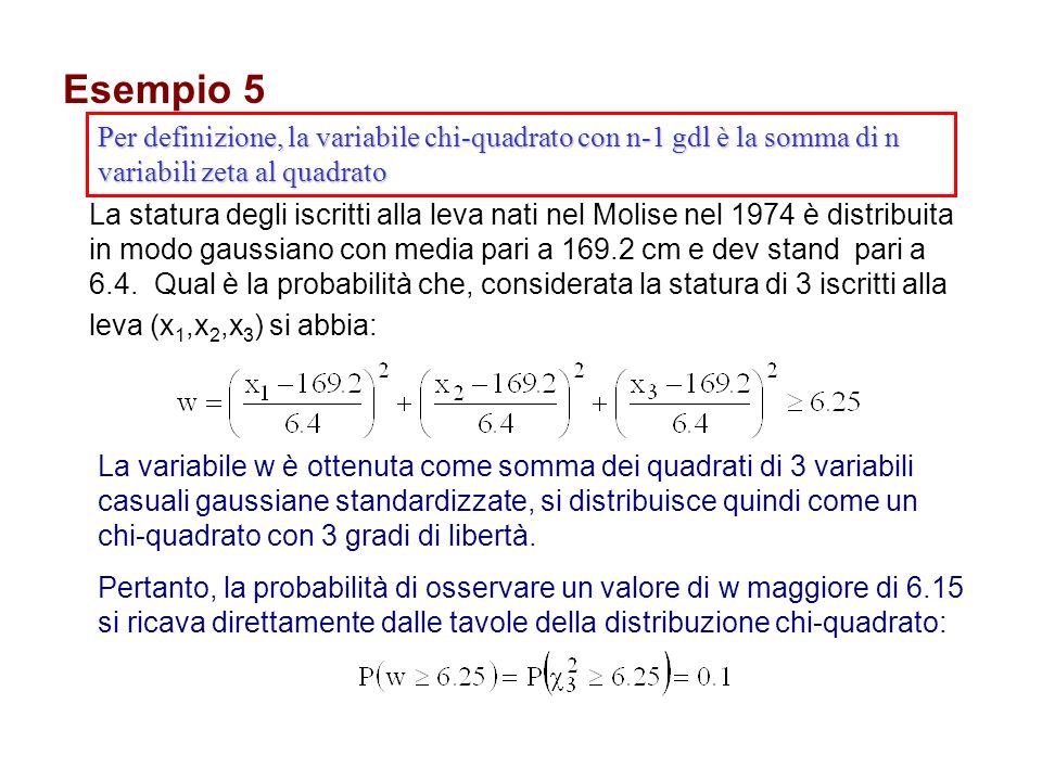 Esempio 5 Per definizione, la variabile chi-quadrato con n-1 gdl è la somma di n variabili zeta al quadrato.