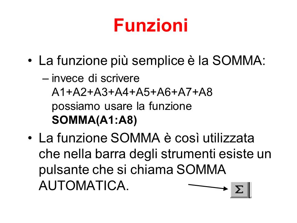 Funzioni La funzione più semplice è la SOMMA:
