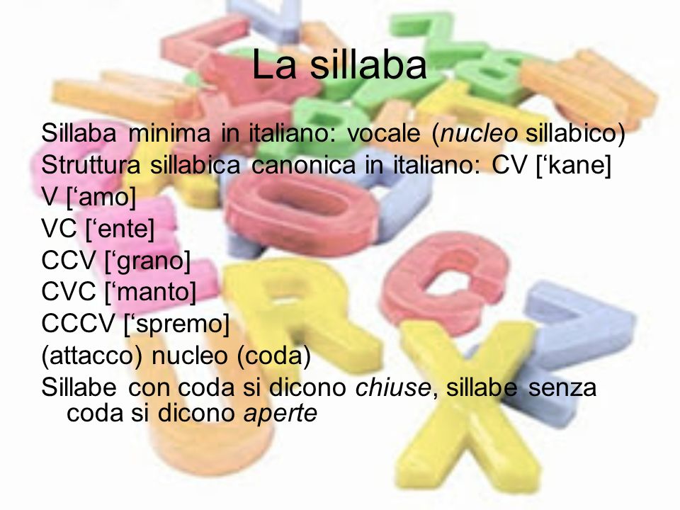 La sillaba Sillaba minima in italiano: vocale (nucleo sillabico)