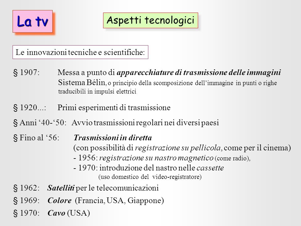 La tv Aspetti tecnologici Le innovazioni tecniche e scientifiche: