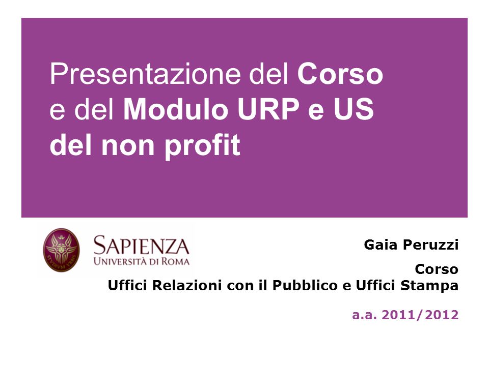 Presentazione del Corso e del Modulo URP e US del non profit