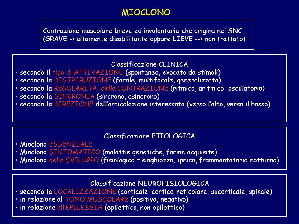 MIOCLONO Contrazione muscolare breve ed involontaria che origina nel SNC (GRAVE -> altamente disabilitante oppure LIEVE --> non trattato)