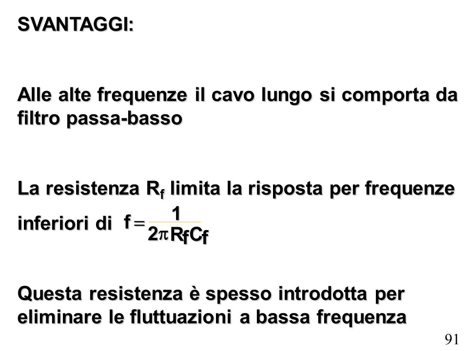 SVANTAGGI: Alle alte frequenze il cavo lungo si comporta da filtro passa-basso. La resistenza Rf limita la risposta per frequenze.