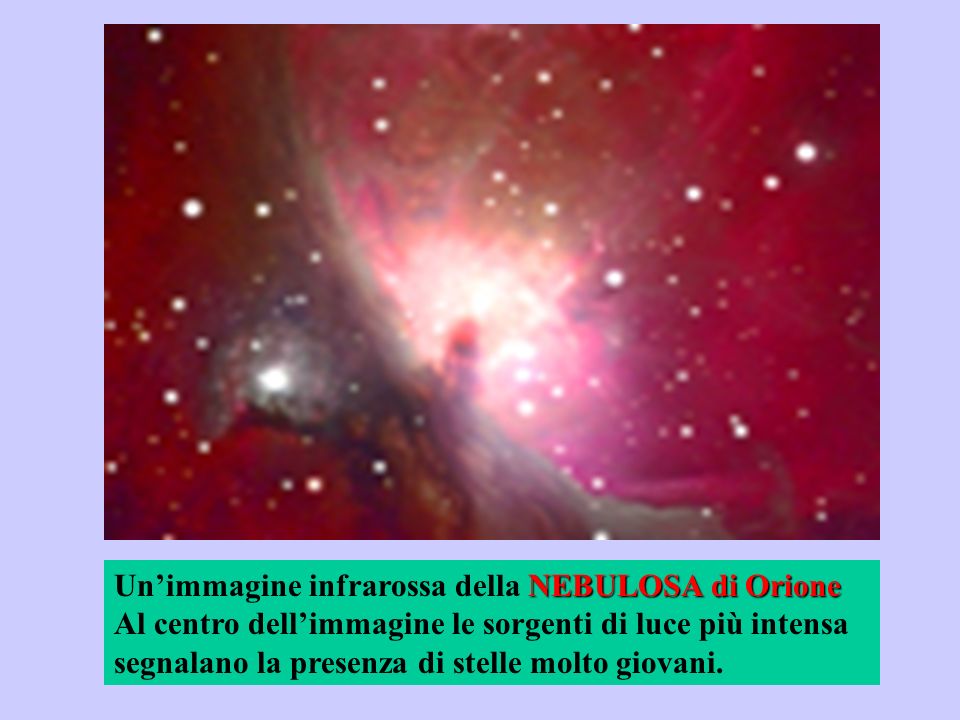 Un’immagine infrarossa della NEBULOSA di Orione Al centro dell’immagine le sorgenti di luce più intensa segnalano la presenza di stelle molto giovani.