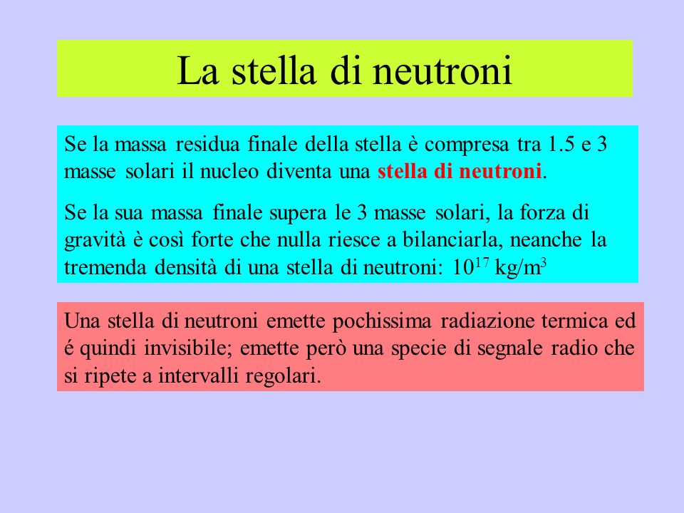 La stella di neutroni Se la massa residua finale della stella è compresa tra 1.5 e 3 masse solari il nucleo diventa una stella di neutroni.
