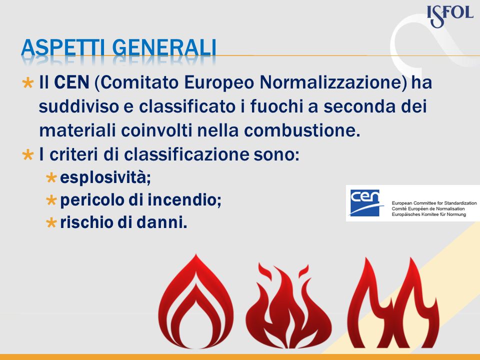 Aspetti generali Il CEN (Comitato Europeo Normalizzazione) ha suddiviso e classificato i fuochi a seconda dei materiali coinvolti nella combustione.